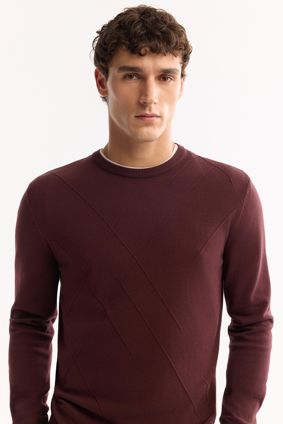 Plum Crew Neck Soft Touch Textured Knit Sweater