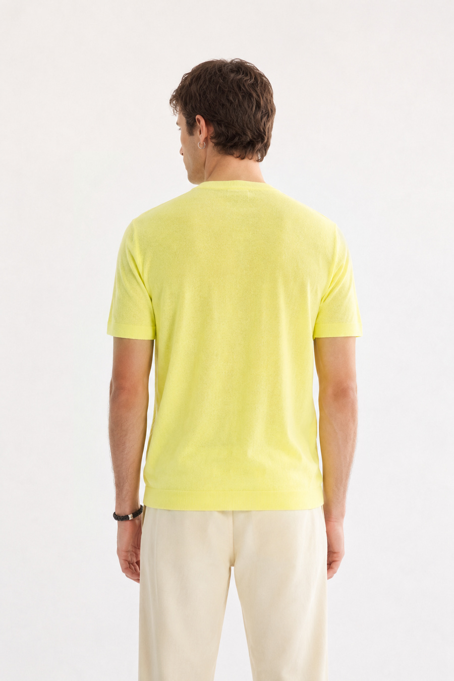 Neon Yeşil Bisiklet Yaka Boya Efektli Triko T-shirt