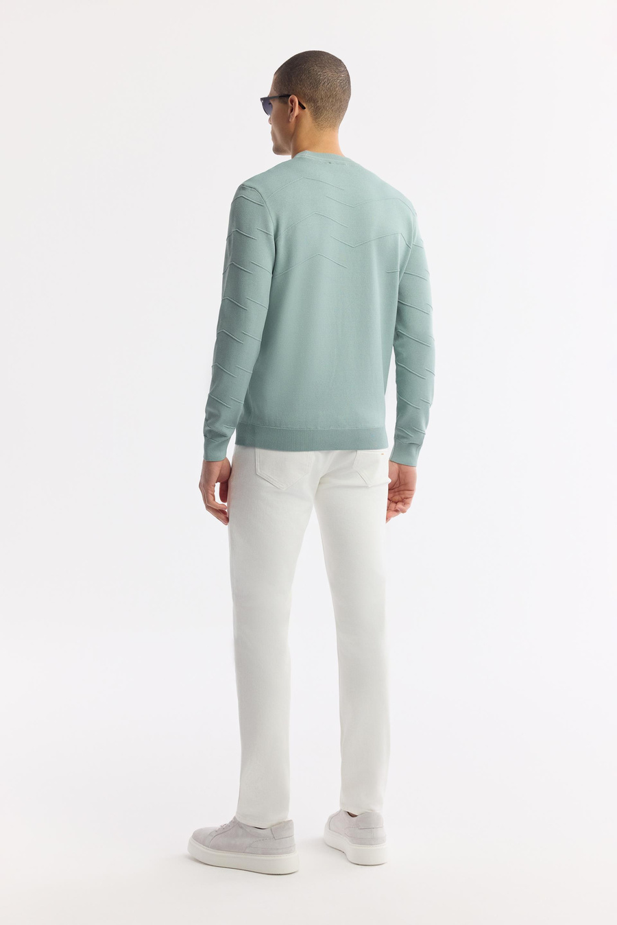 Nile Green Textured Crew Neck Rayon Knit Sweater