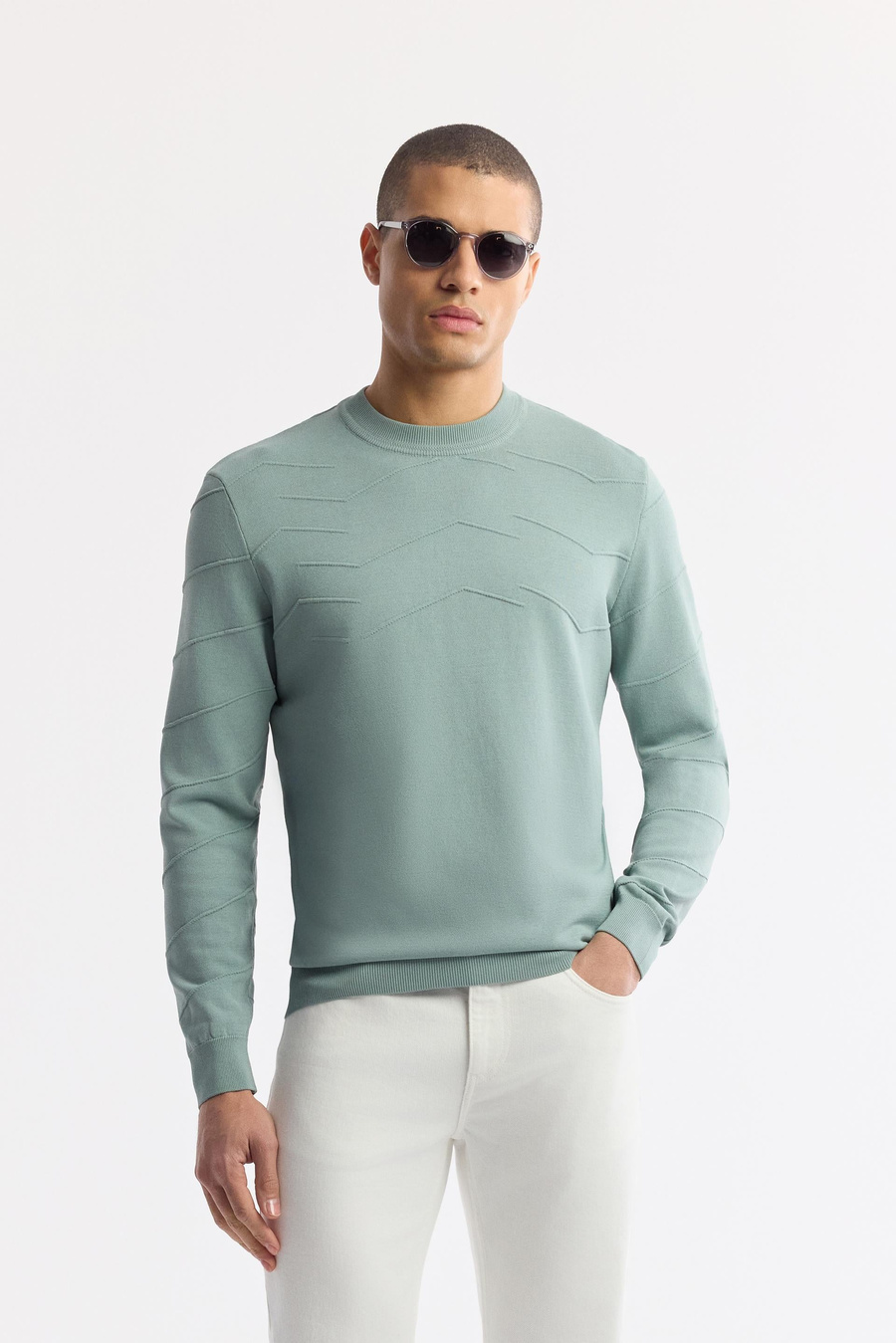 Nile Green Textured Crew Neck Rayon Knit Sweater