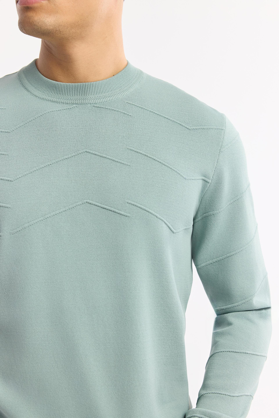 Nile Green Textured Crew Neck Rayon Knit Sweater