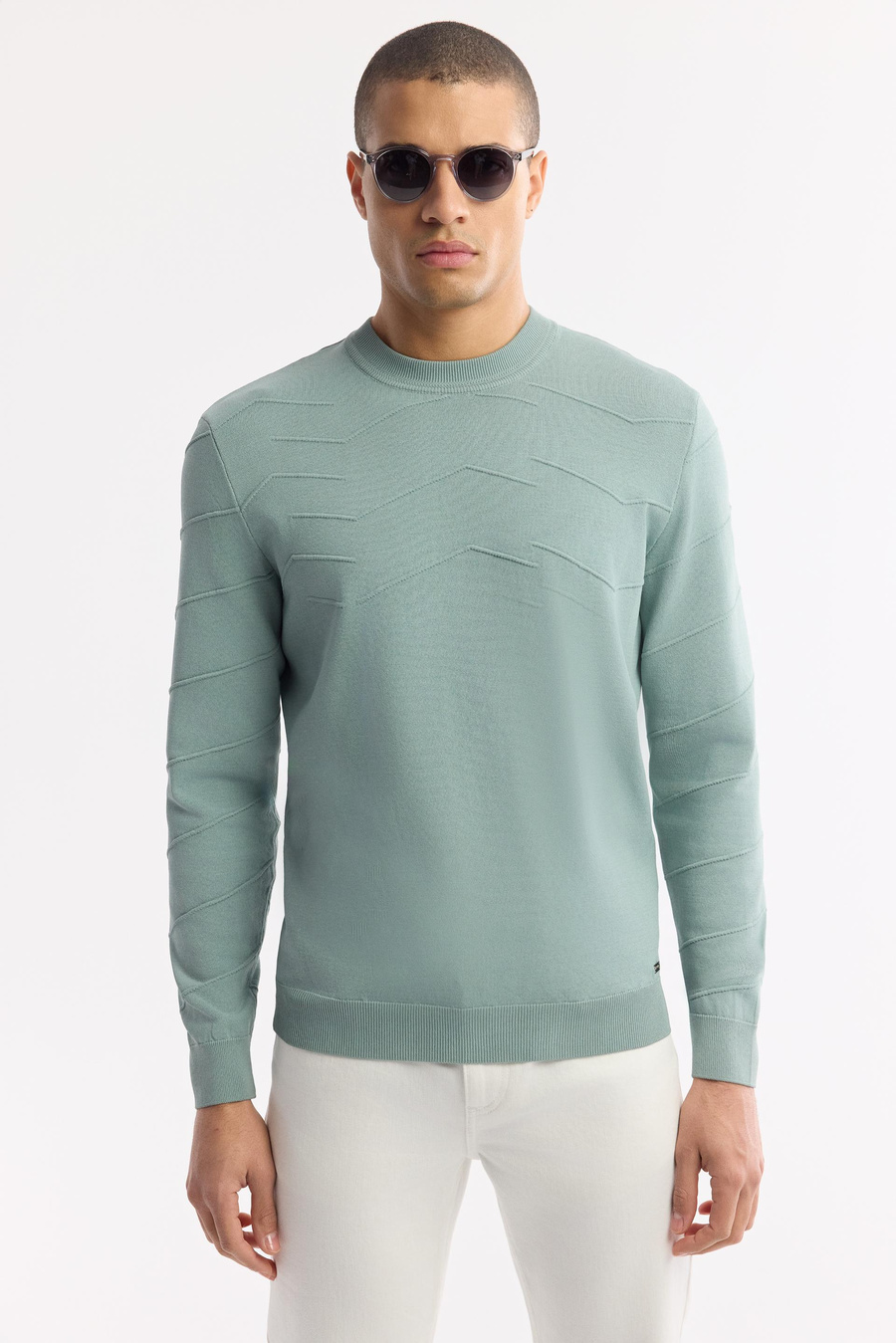 Nile Green Textured Crew Neck Rayon Knit Sweater
