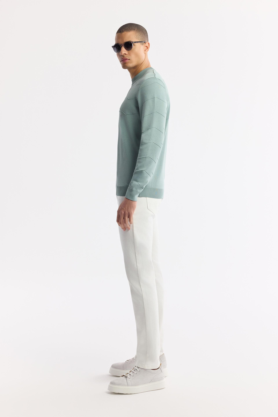 Nile Green Textured Crew Neck Rayon Knit Sweater