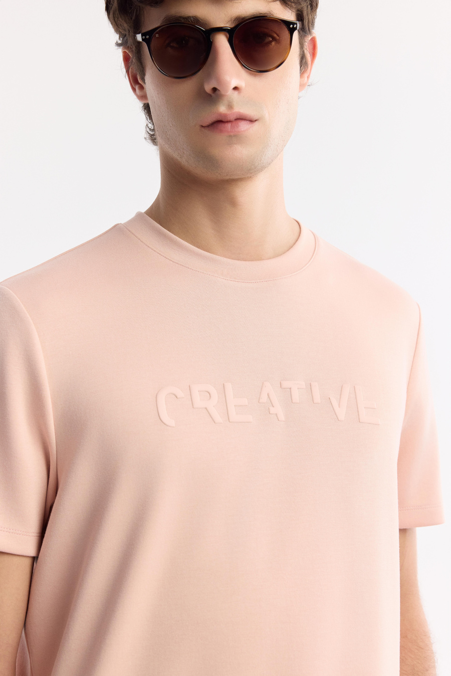 Pudra Bisiklet Yaka Baskılı Bi-Stretch İnterlok T-Shirt