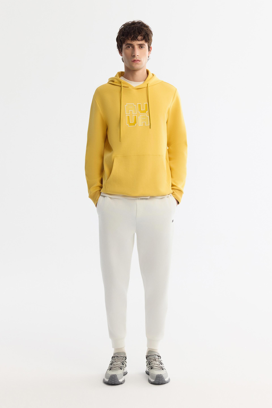 Sarı Kapüşonlu Pamuklu Baskılı Elastan Sweatshirt