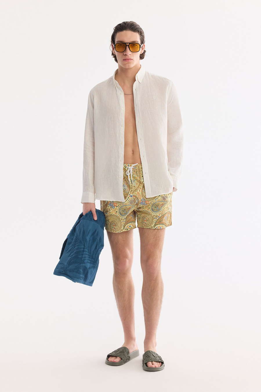 Sarı Hızlı Kuruyan Baskılı Çantalı Deniz Şortu