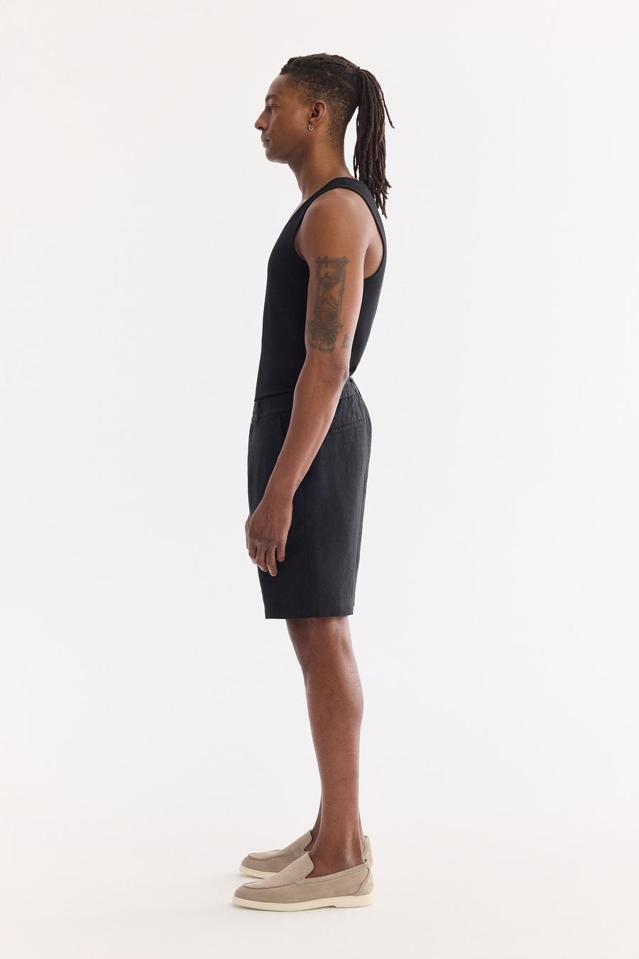 Black Elastic Waist 100% Linen Shorts