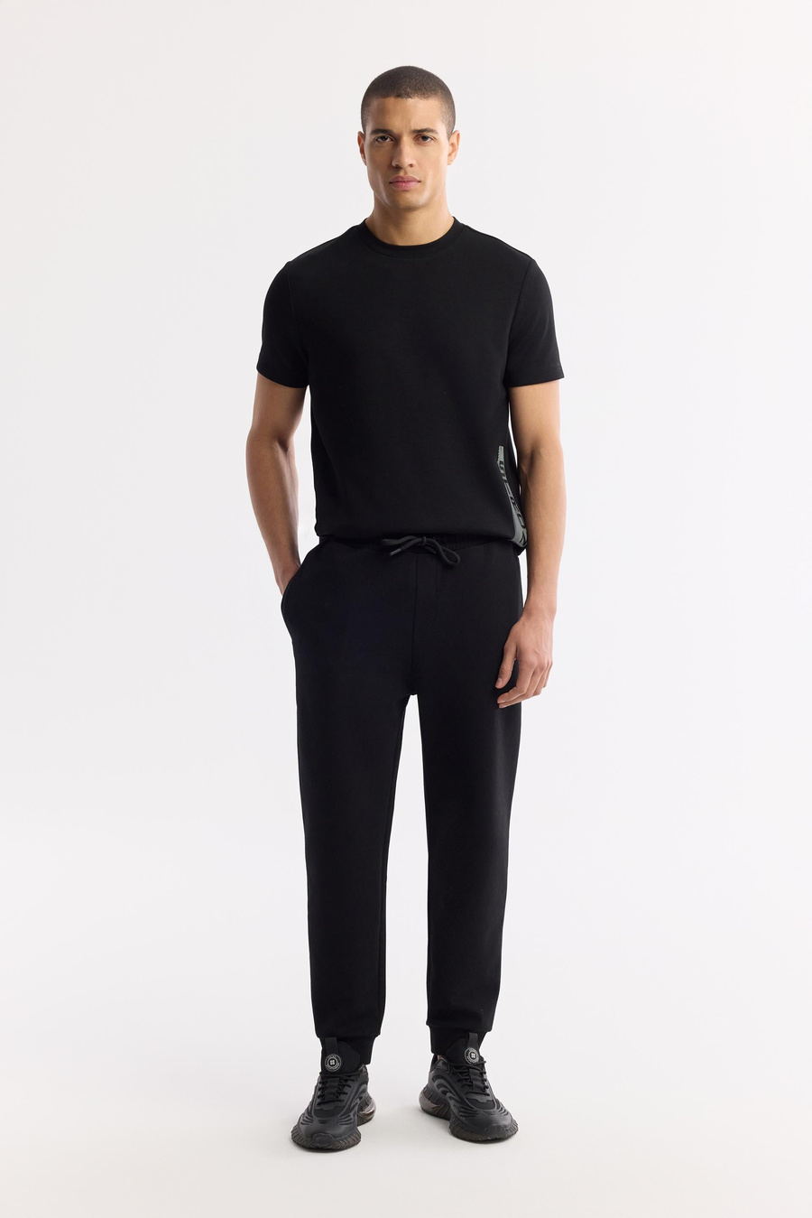 Black Elastic Waist Drawstring Bi-Stretch Sweatpants