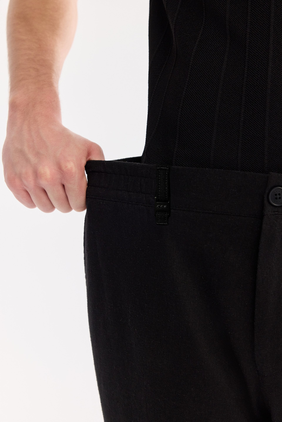 Siyah Beli Lastikli Keten Karışımlı Pantolon