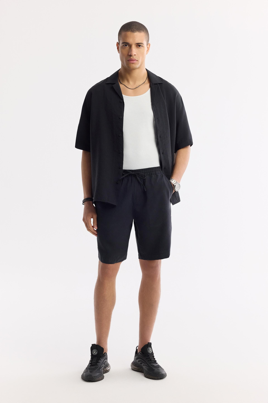 Black Elastic Waist Drawstring Modal Blend Shorts