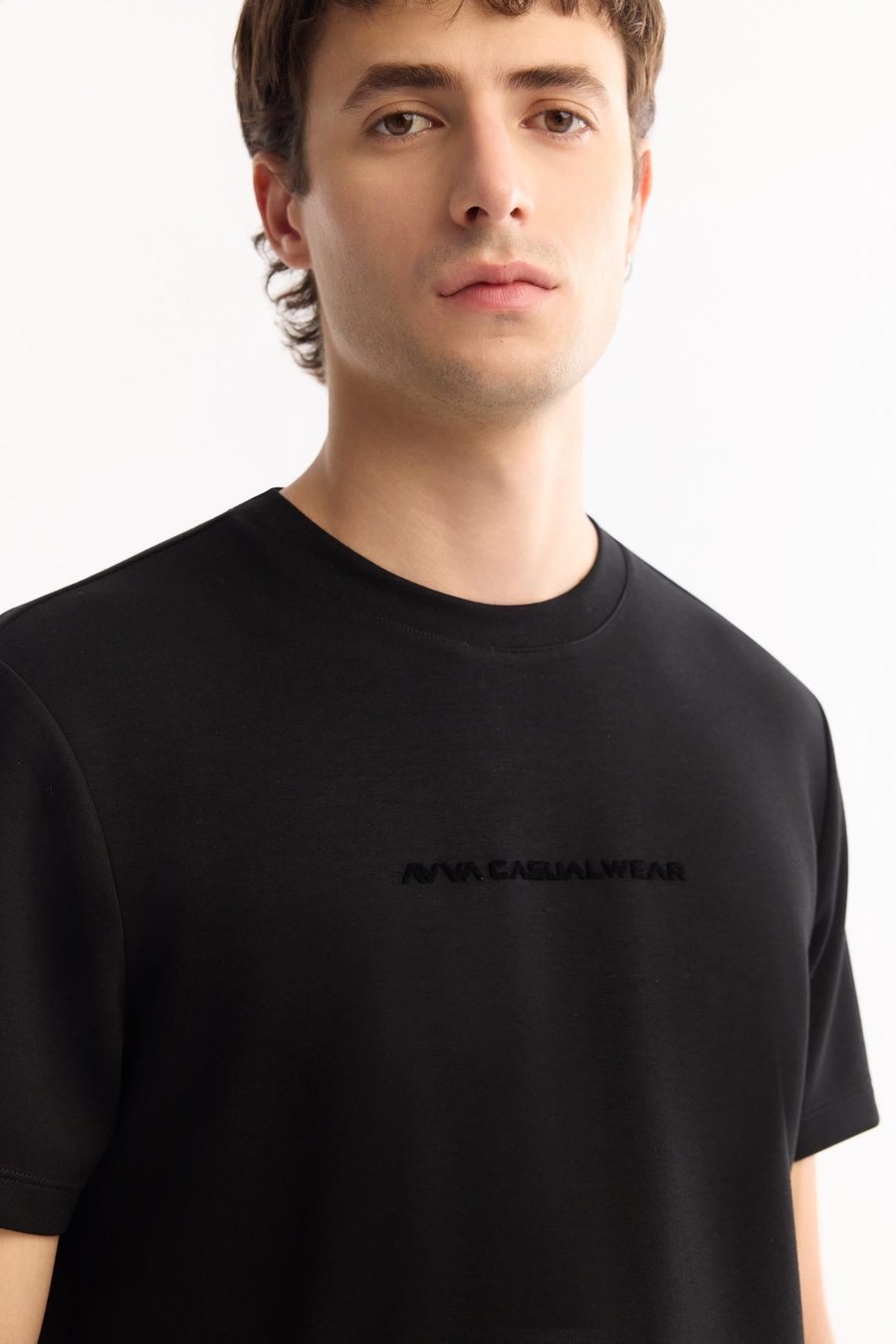 Siyah Bisiklet Yaka Viskon Karışımlı Bi-Stretch Baskılı T-Shirt