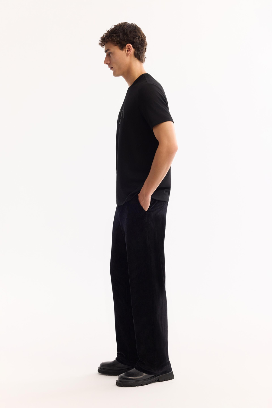 Siyah Bisiklet Yaka Viskon Karışımlı Bi-Stretch Baskılı T-Shirt