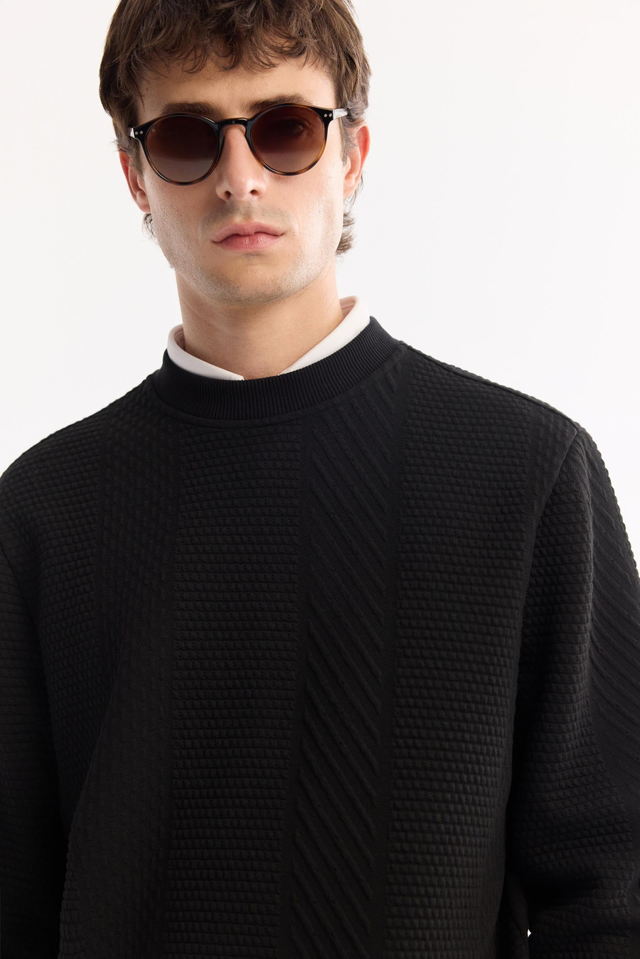 Black Crew Neck Easy-Iron Elastane Sweatshirt
