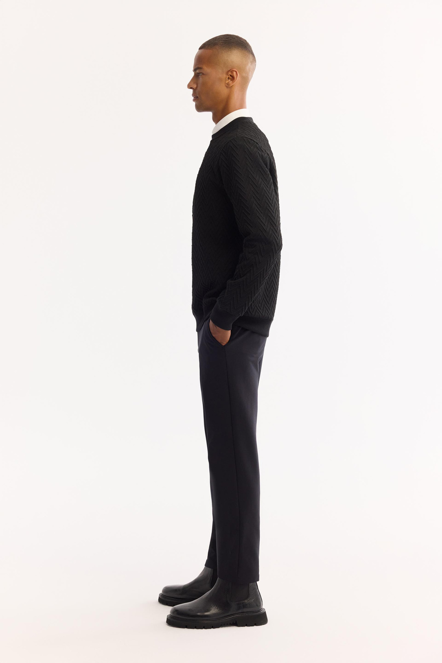 Black Crew Neck Easy-Iron Elastane Sweatshirt
