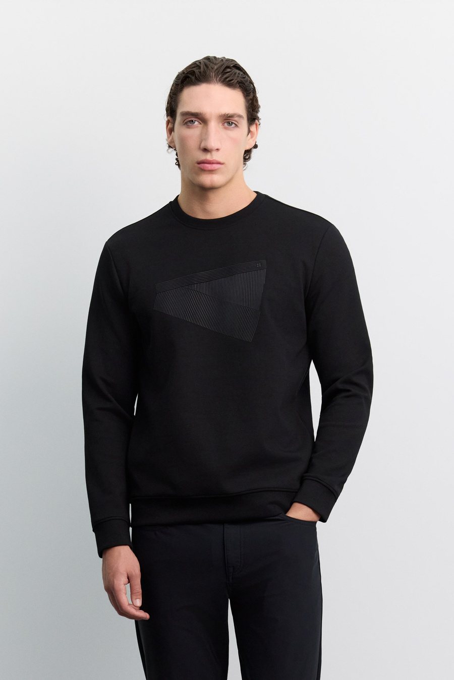Siyah Bisiklet Yaka Baskılı İnterlok Sweatshirt