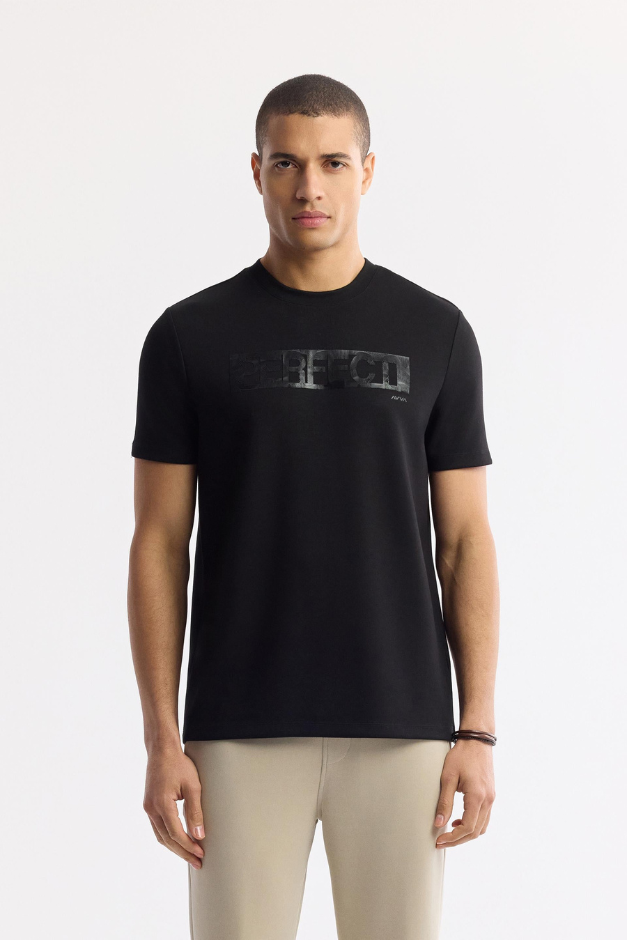 Siyah Bisiklet Yaka Baskılı Bi-Stretch İnterlok T-Shirt