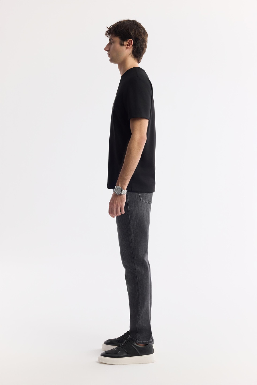 Siyah Bisiklet Yaka Baskılı Bi-Stretch İnterlok T-Shirt