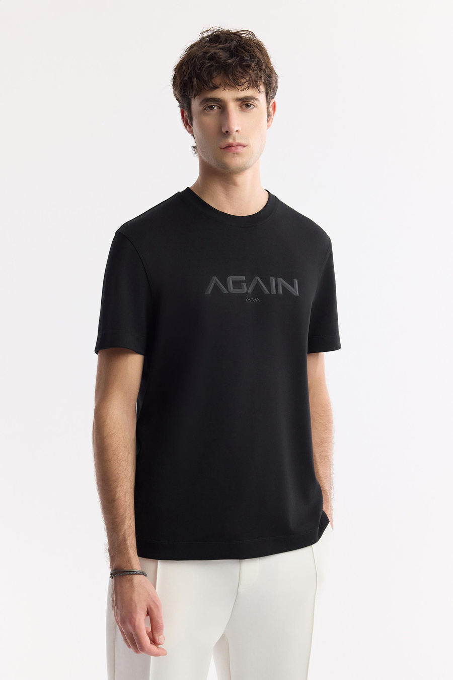 Siyah Bisiklet Yaka Baskılı Bi-Stretch İnterlok T-Shirt