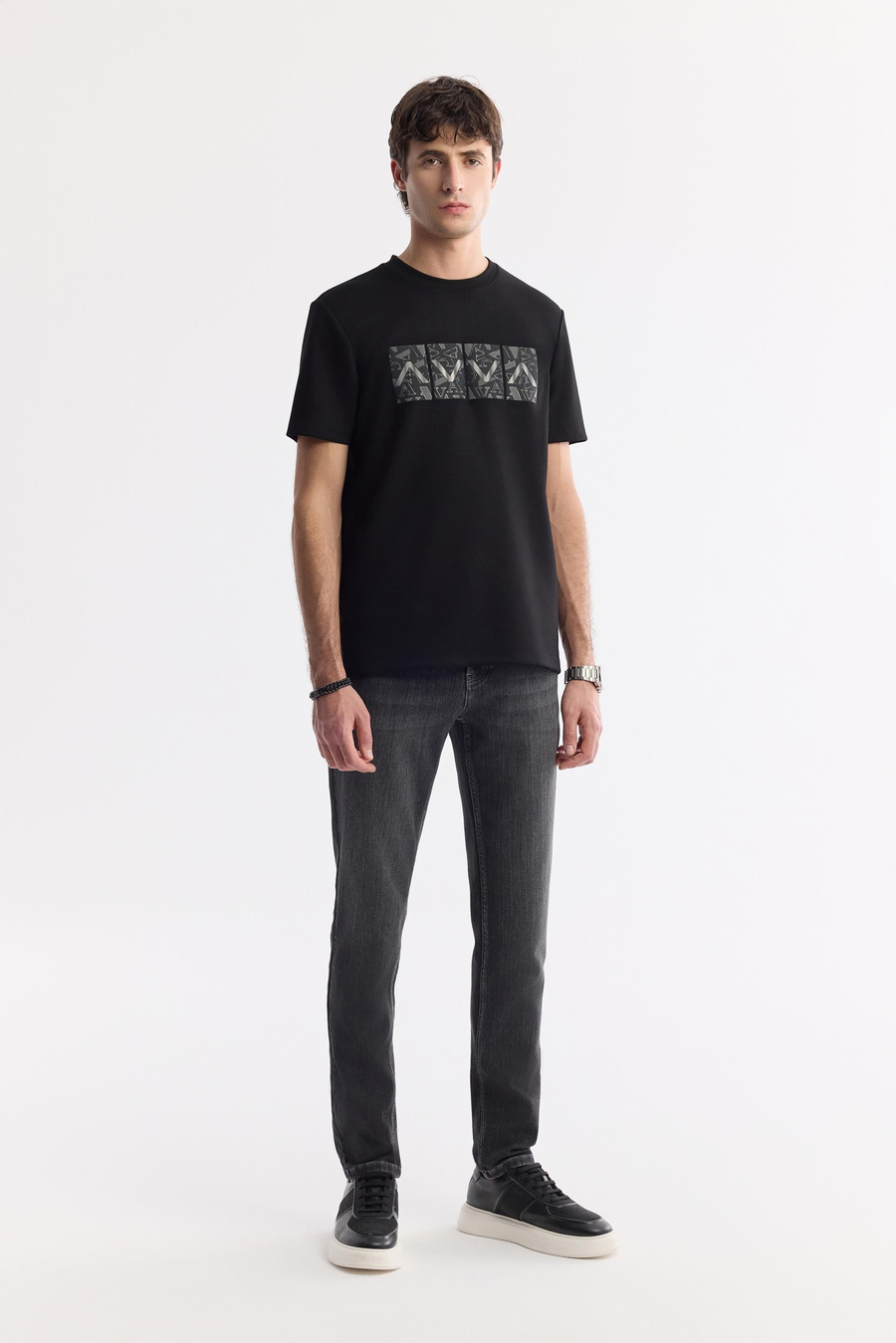 Siyah Bisiklet Yaka Baskılı Bi-Stretch İnterlok T-Shirt