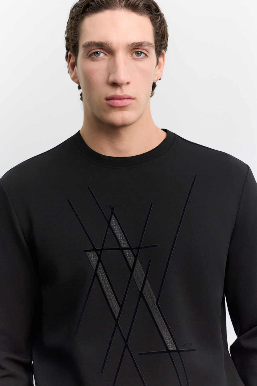 Siyah Bisiklet Yaka Puf Desenli Transfer Baskılı İnterlok Sweatshirt