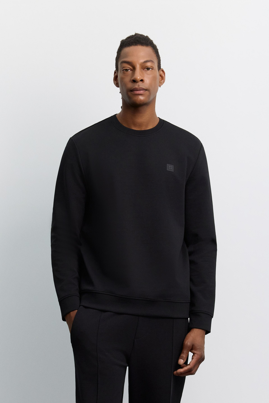 Siyah Bisiklet Yaka Kolay Ütülenen İnterlok Sweatshirt