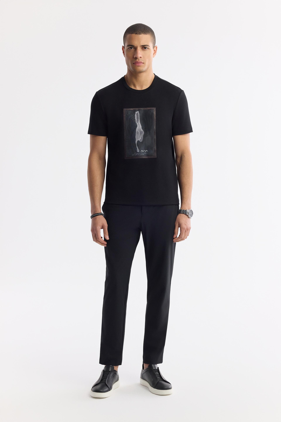 Siyah Bisiklet Yaka Baskılı Bi-Stretch İnterlok T-Shirt