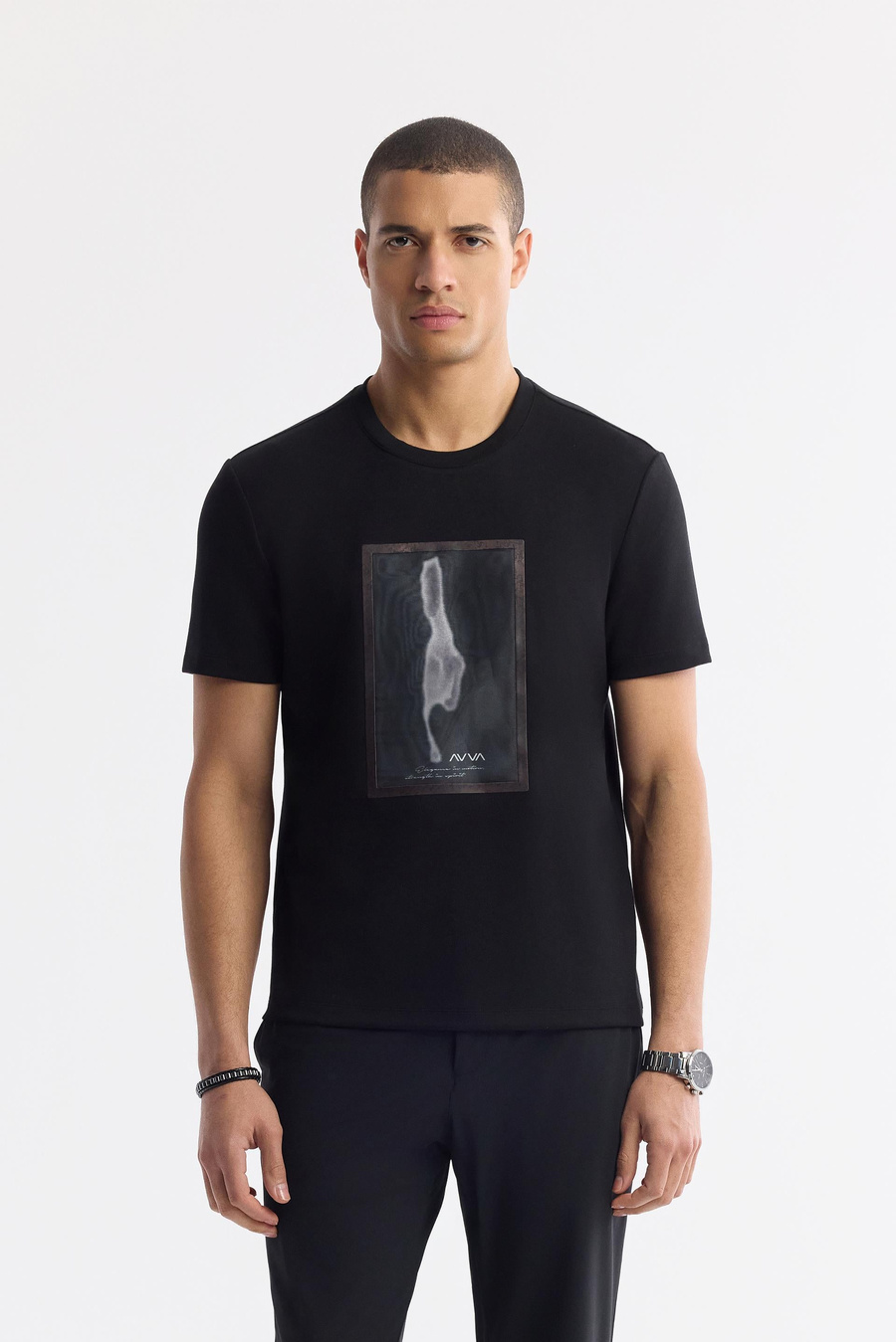 Siyah Bisiklet Yaka Baskılı Bi-Stretch İnterlok T-Shirt