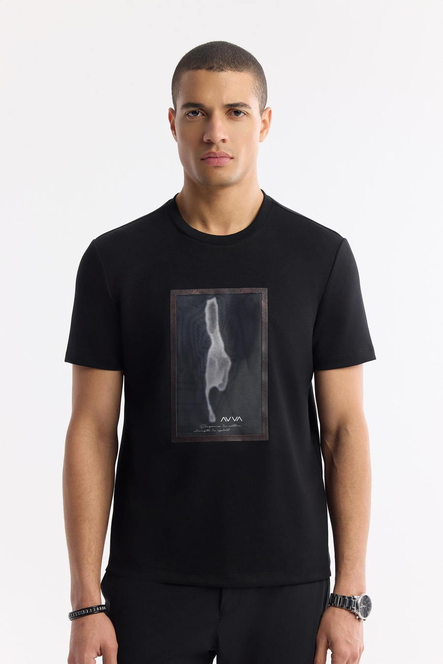 Siyah Bisiklet Yaka Baskılı Bi-Stretch İnterlok T-Shirt