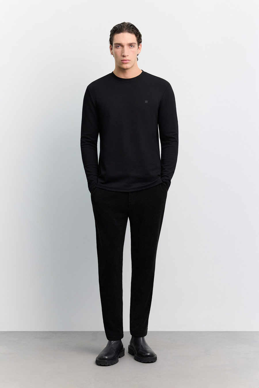 Siyah Bisiklet Yaka Viskon Karışımlı Bi-Stretch Basic Sweatshirt