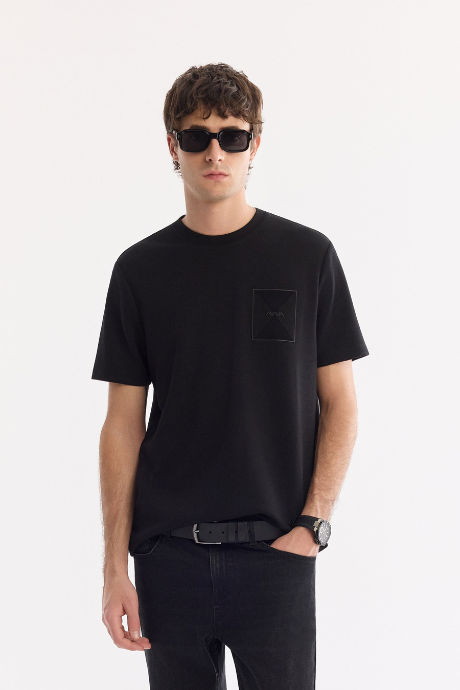 Siyah Bisiklet Yaka Baskılı İnterlok T-Shirt