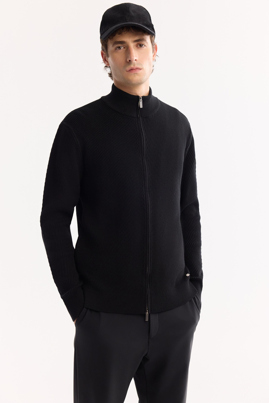 Black Soft Touch Textured Cotton Blend Zip Up Mock Neck Cardigan