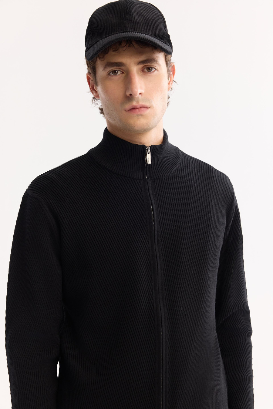 Black Soft Touch Textured Cotton Blend Zip Up Mock Neck Cardigan