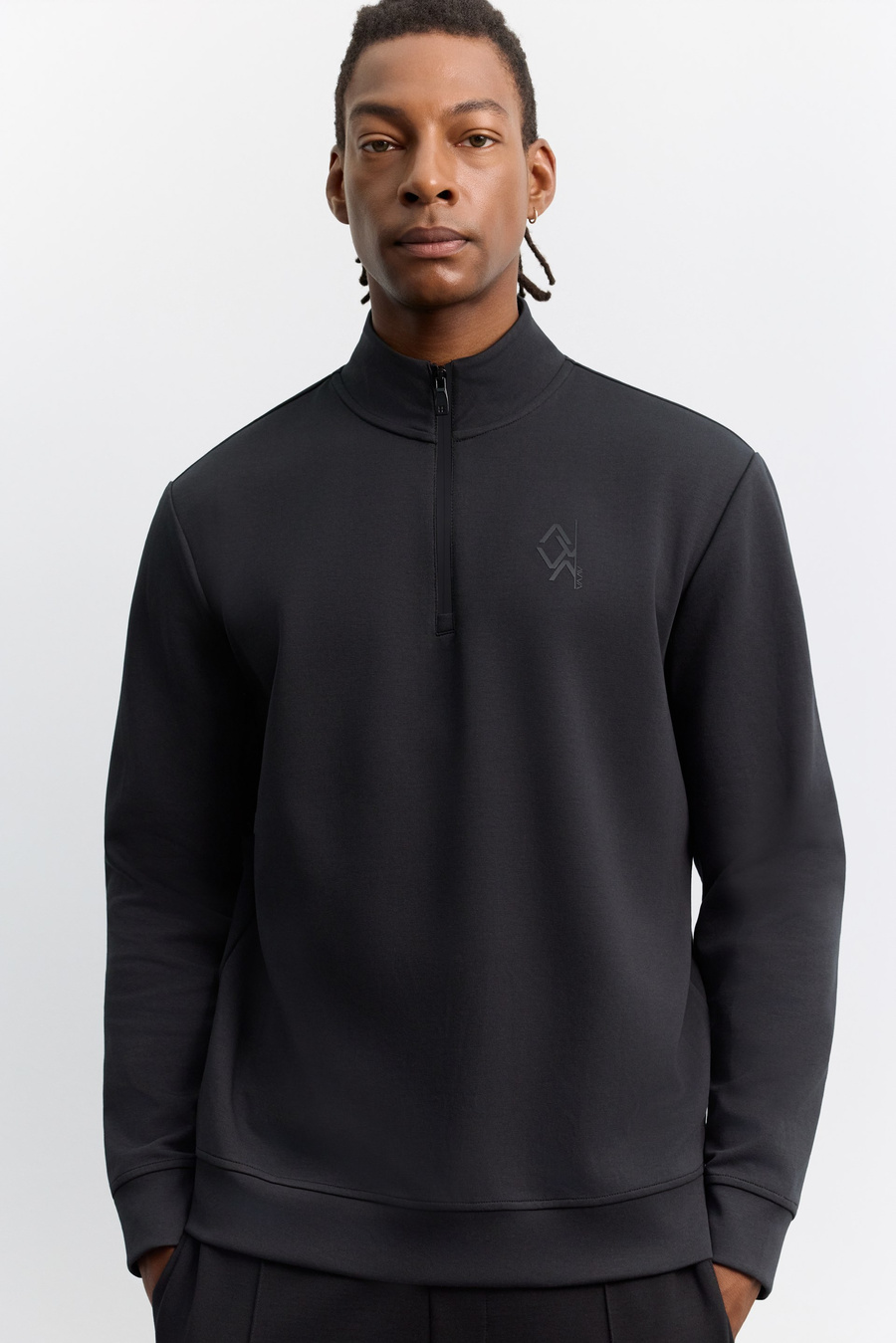 Siyah Dik Yaka Fermuarlı Baskılı Kolay Ütülenen Pamuklu Sweatshirt