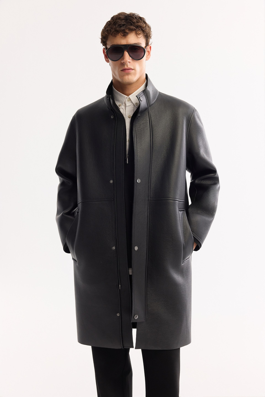 Black Long Windproof Napa Coat with Mock Neck