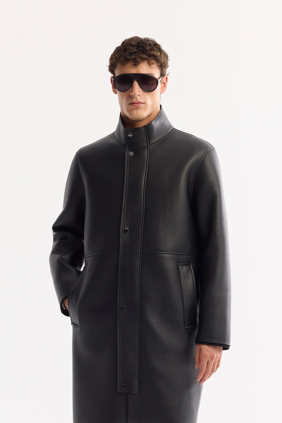 Black Long Windproof Napa Coat with Mock Neck