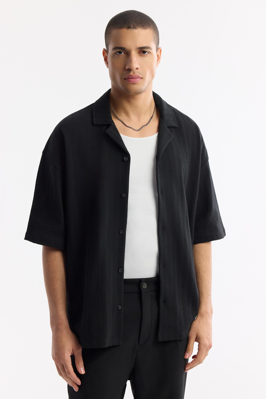  Black Apaj Collar 100% Cotton Jacquard Short Sleeve Shirt