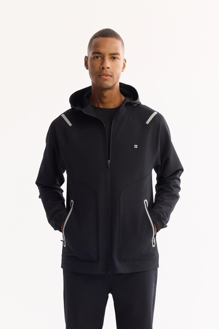 Siyah Kapüşonlu Fermuarlı Bi-Stretch Teknik Kumaş Sweatshirt