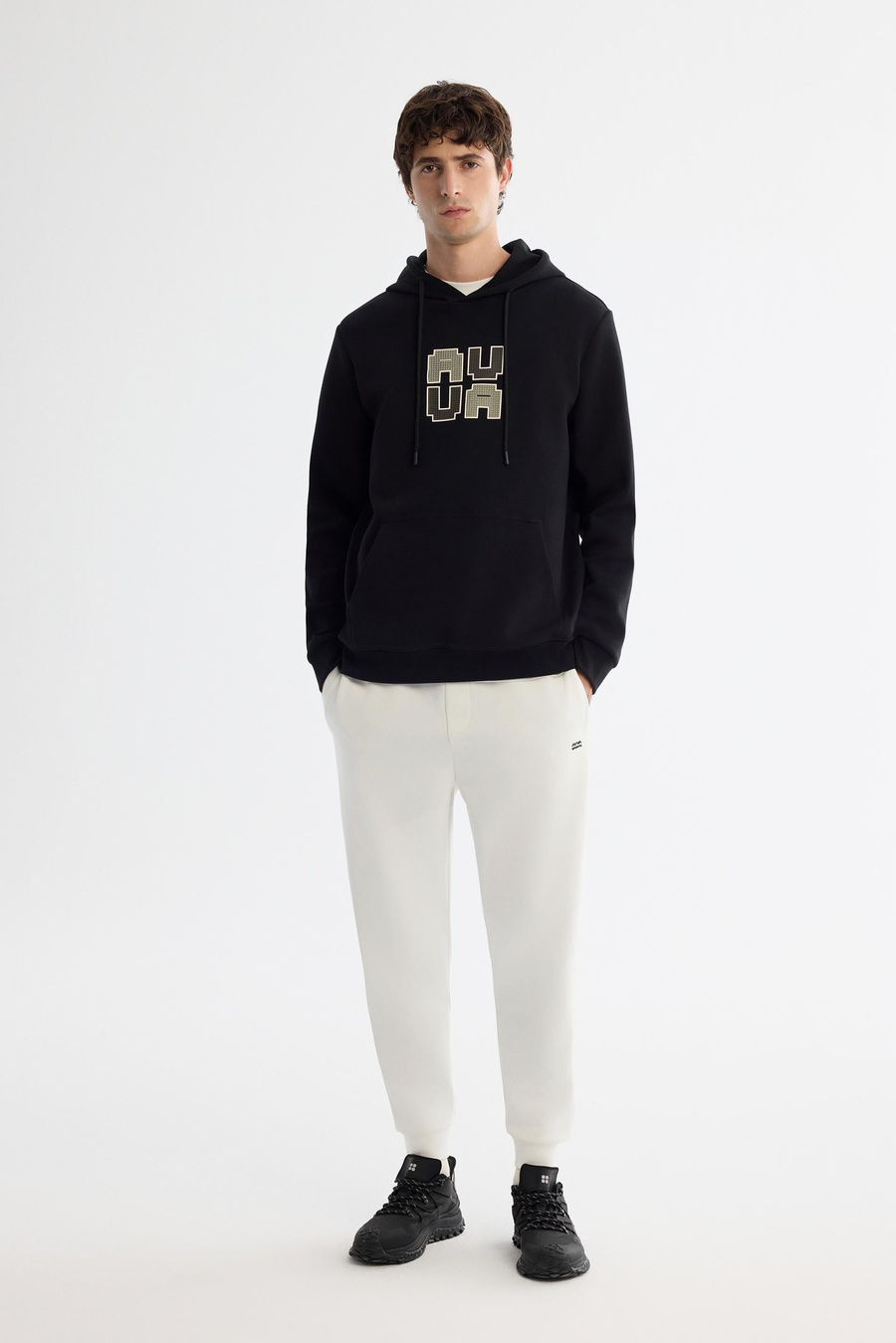 Siyah Kapüşonlu Pamuklu Baskılı Elastan Sweatshirt
