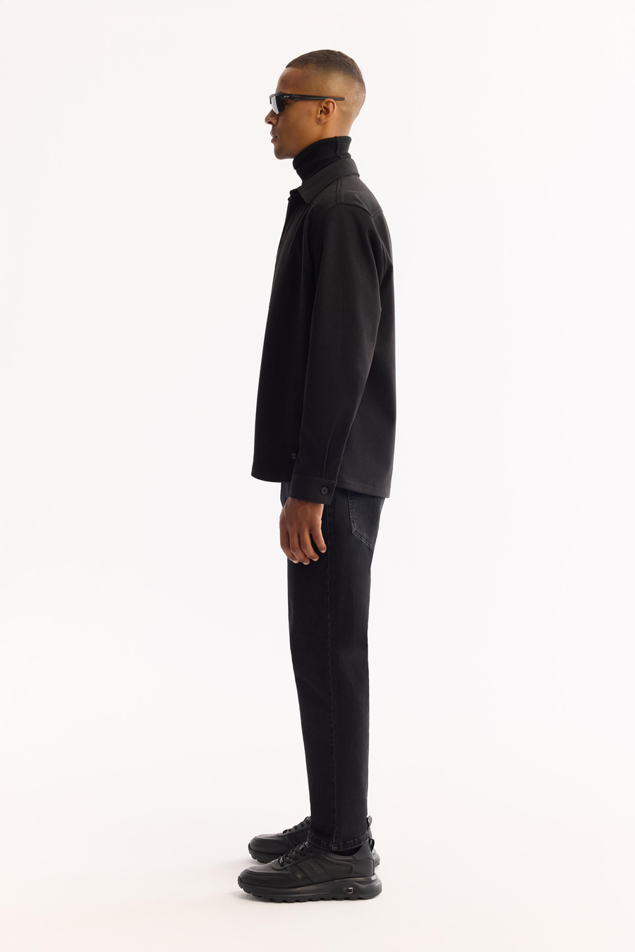 Black Classic Collar Rayon Blend Shirt Jacket