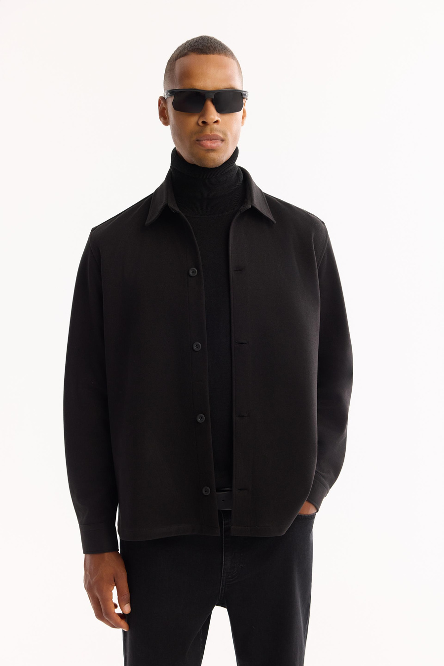 Black Classic Collar Rayon Blend Shirt Jacket