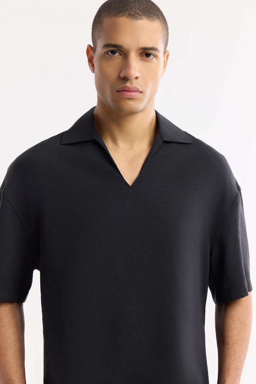  Black Polo Collar Modal Blend Short Sleeve Shirt