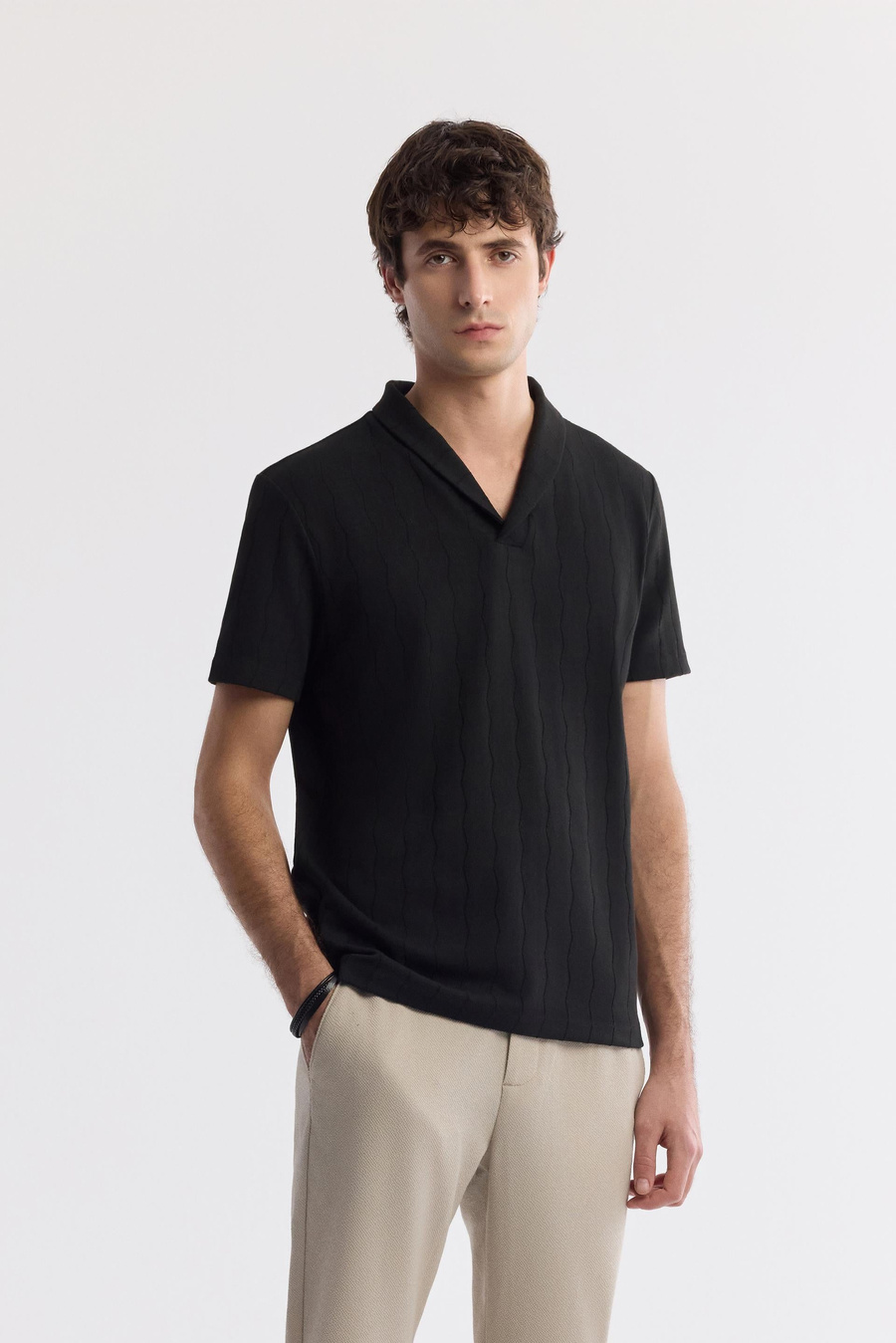 Black Shawl Collar Striped T-Shirt