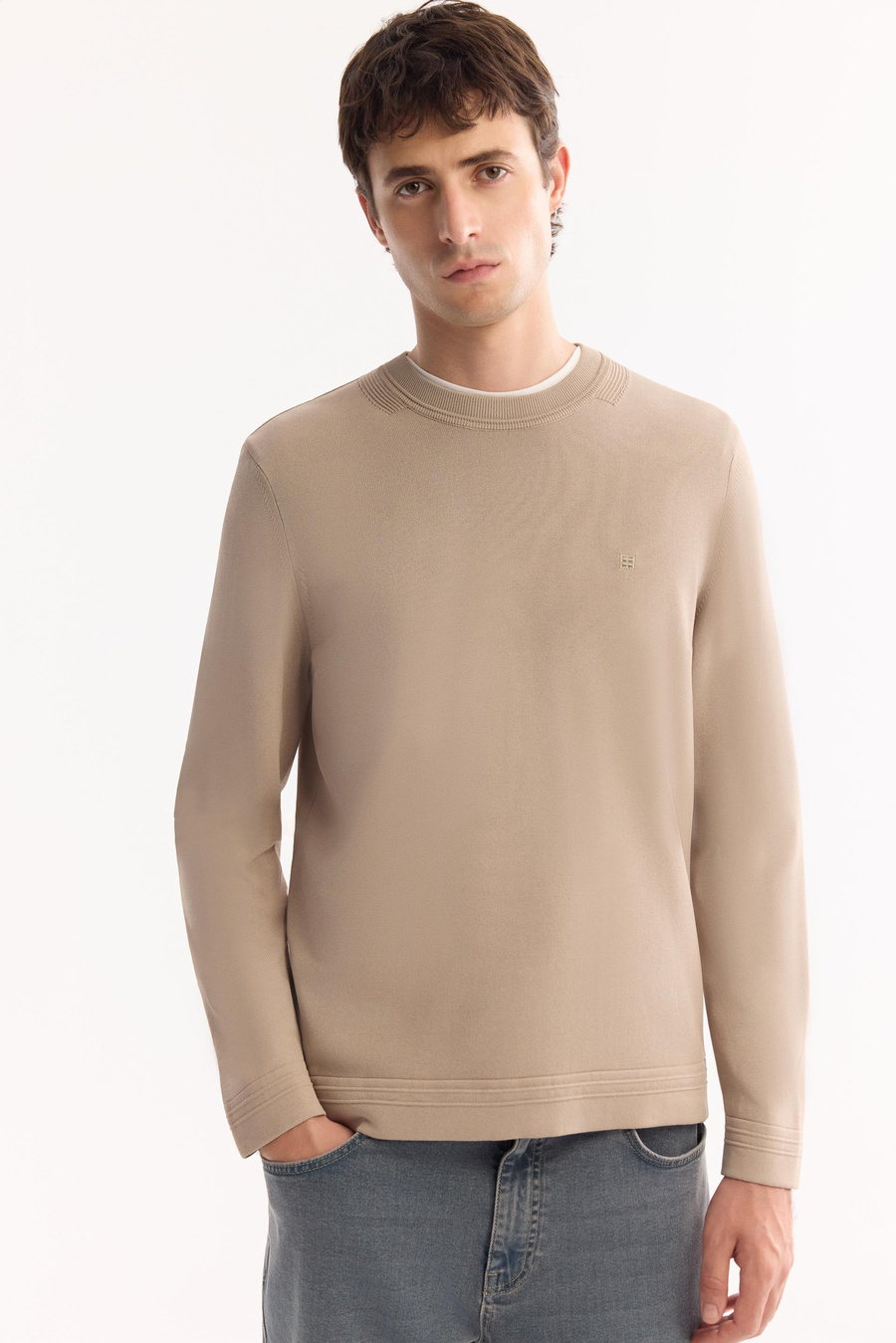 Mink Crew Neck Rayon Blend Pill-Free Knit Sweater