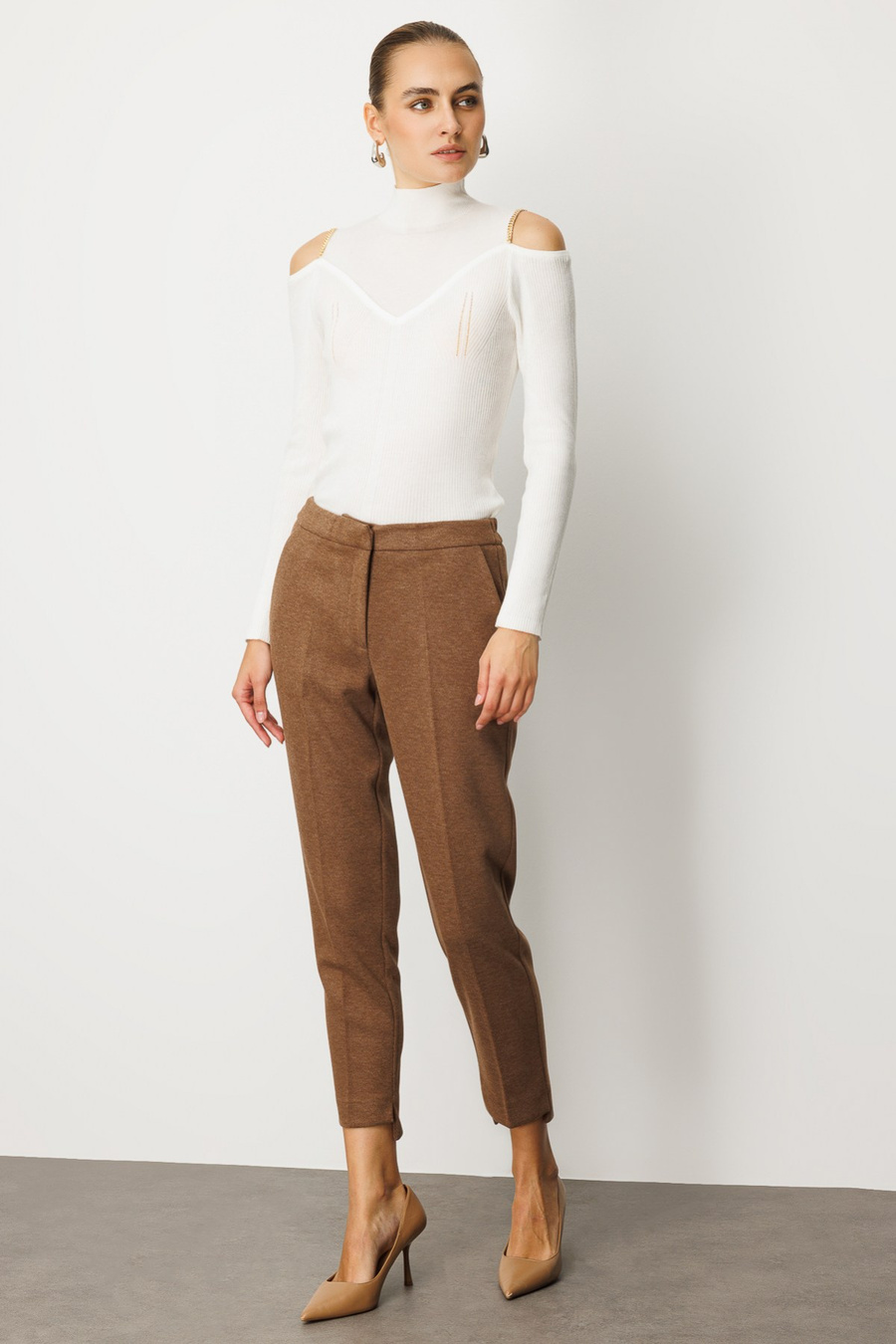 Ekol Balıksırtı Desenli Dar Paça Pantolon Camel