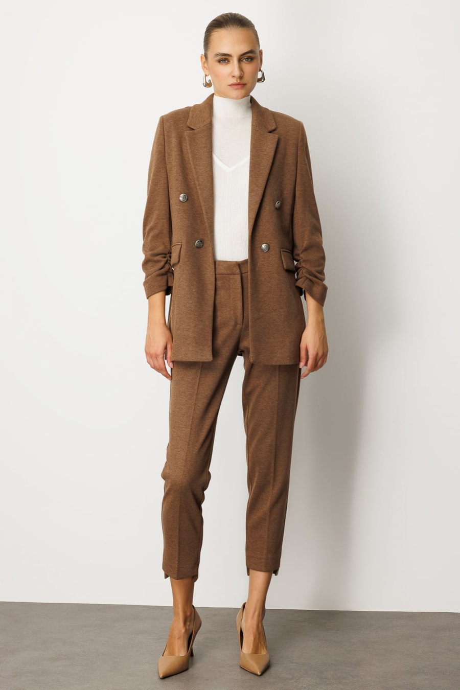 Ekol Balıksırtı Desenli Dar Paça Pantolon Camel