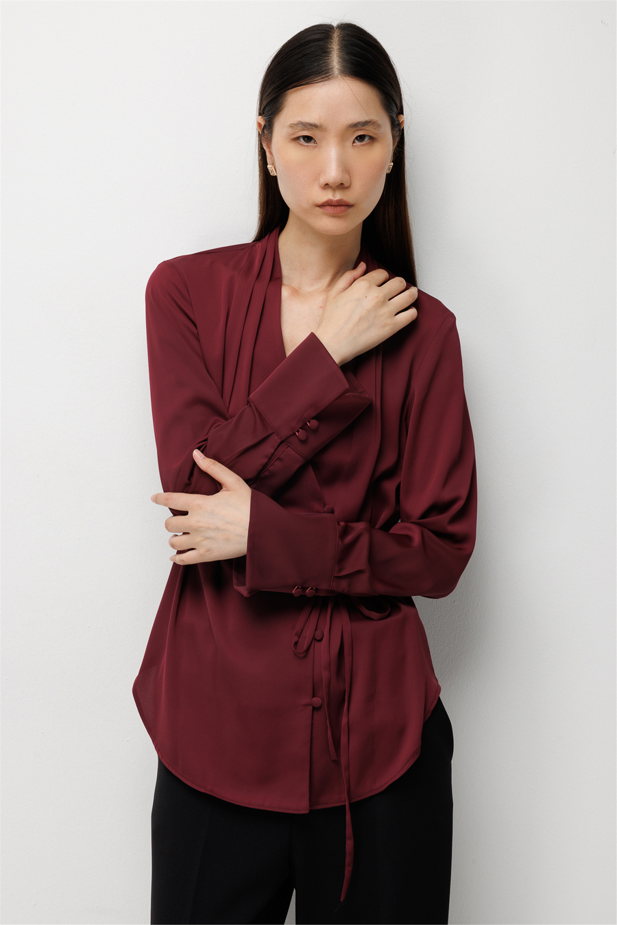 Ekol Beli Bağcıklı Drapeli Bluz Bordo
