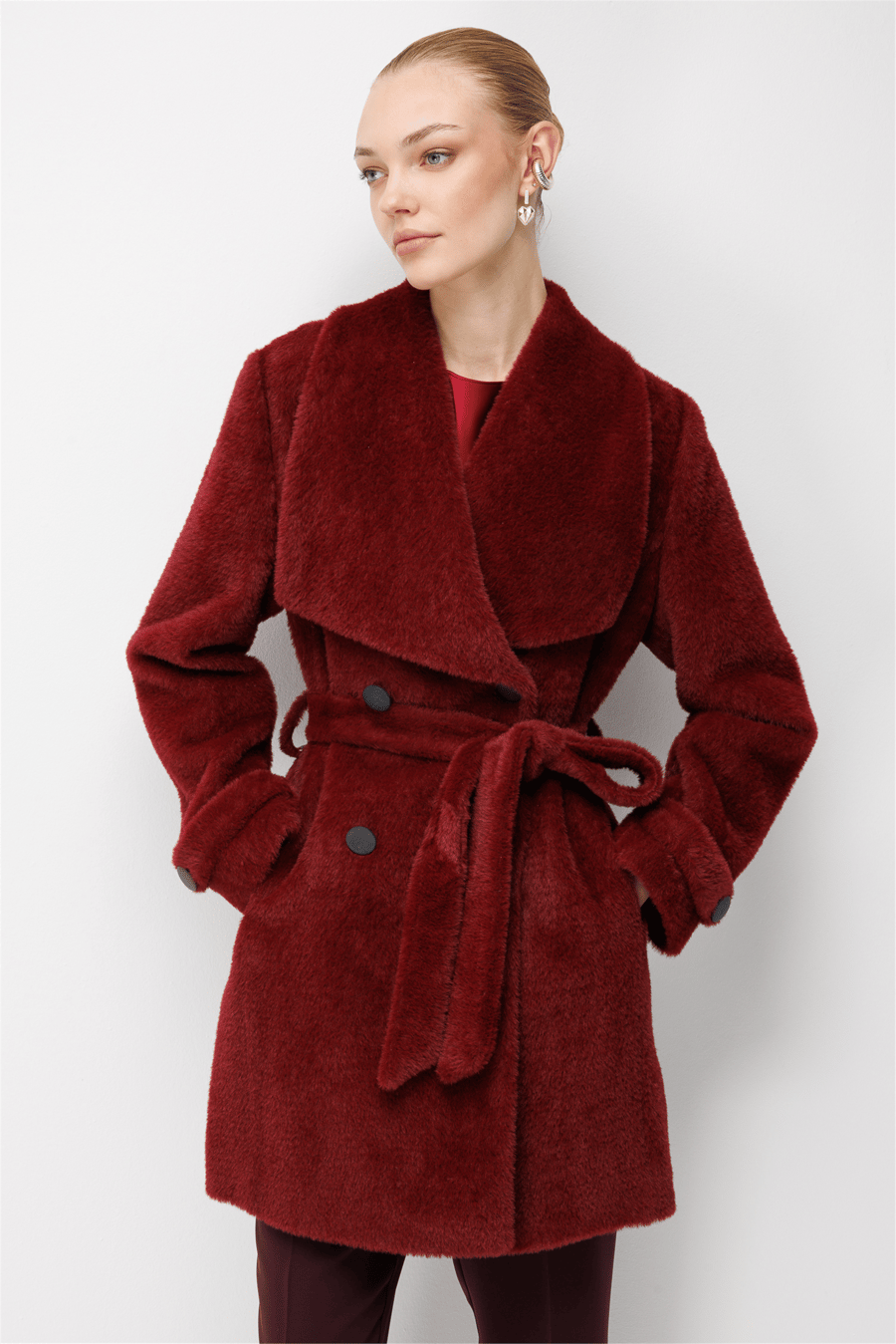 Ekol Beli Kuşaklı Peluş Kaban Bordo