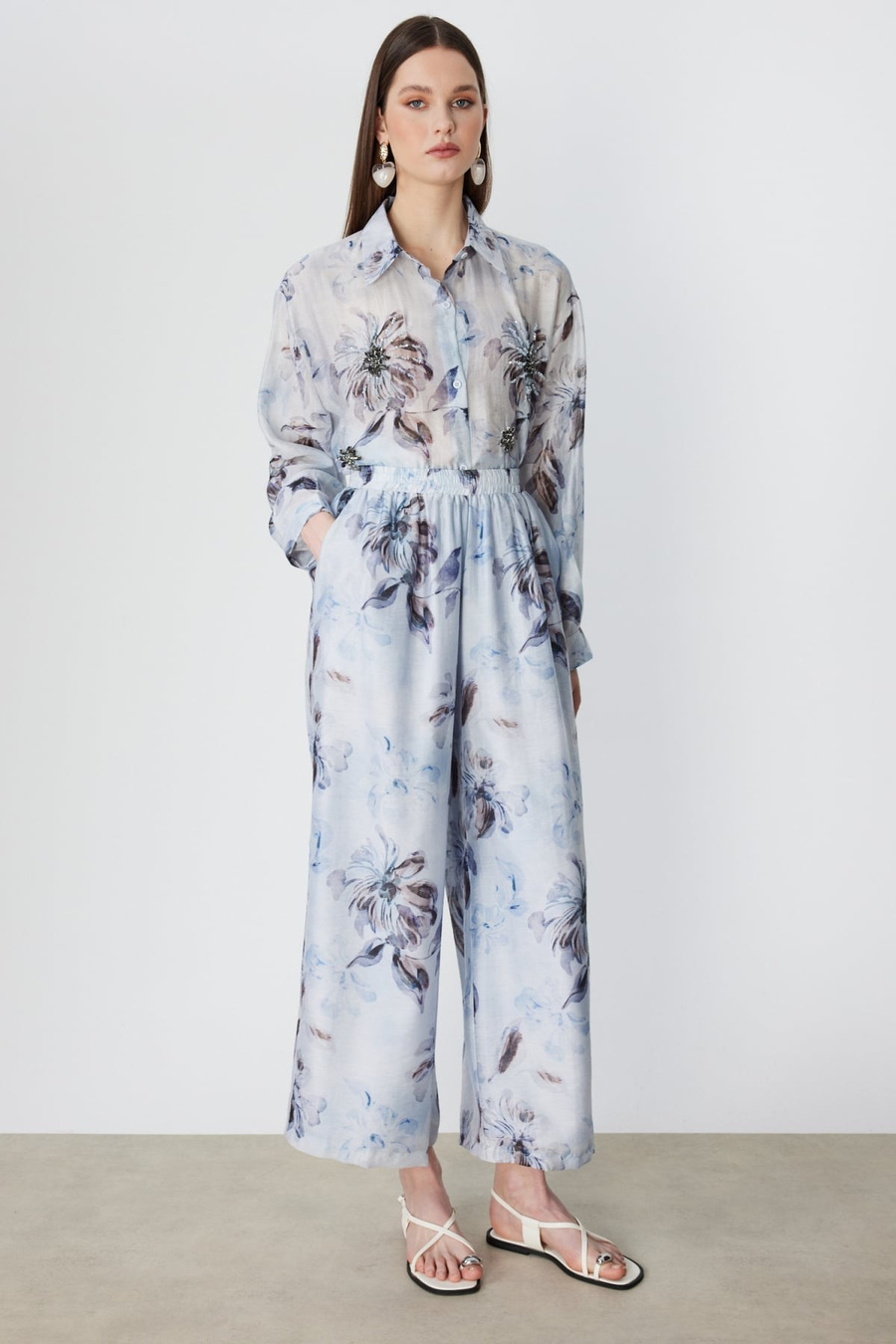 Ekol Çiçek Desenli Bol Paça Pantolon Blue