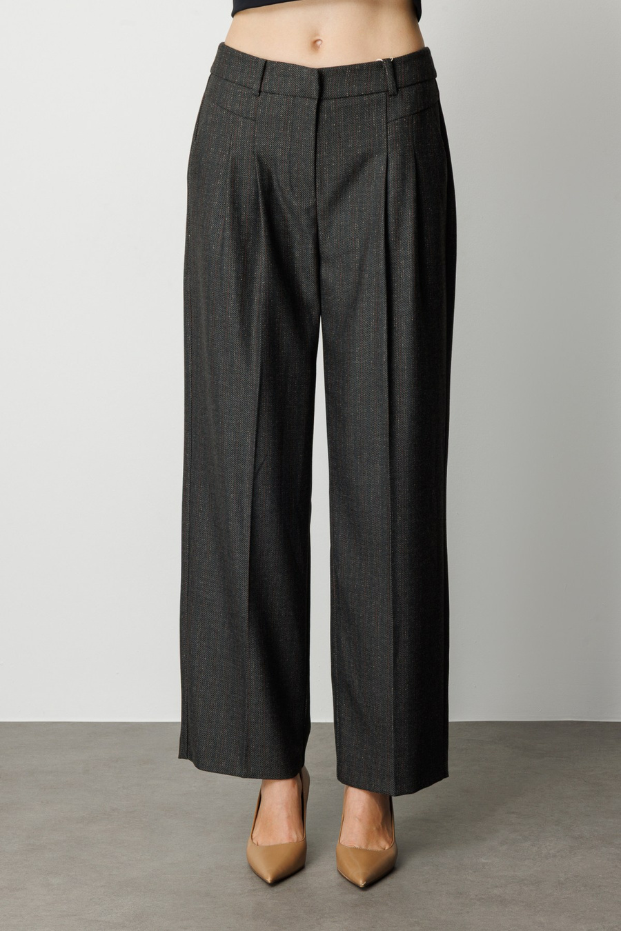 Ekol Çizgi Desenli Wide Leg Pantolon Siyah