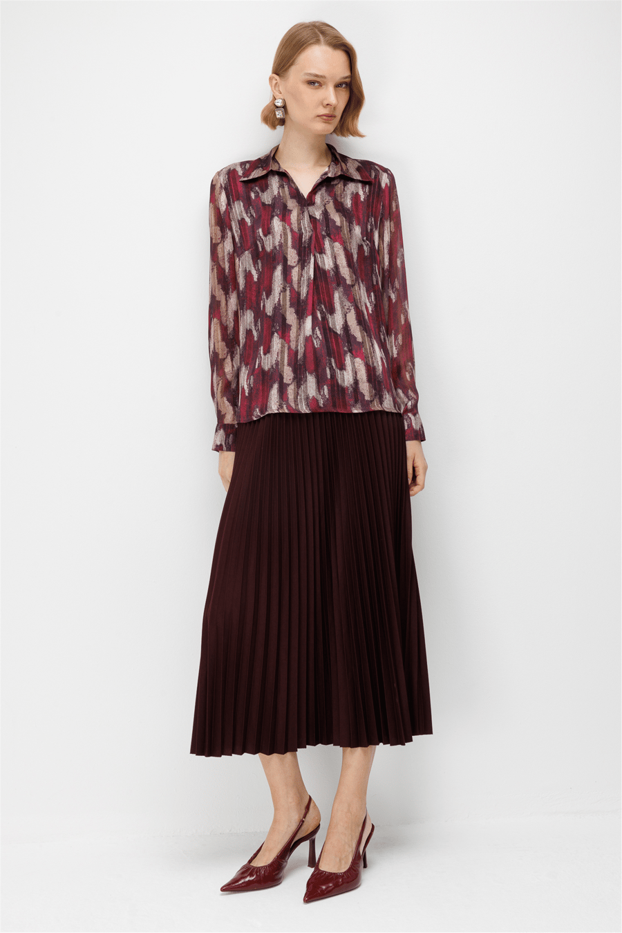 Ekol Desenli Polo Yaka Bluz Bordo